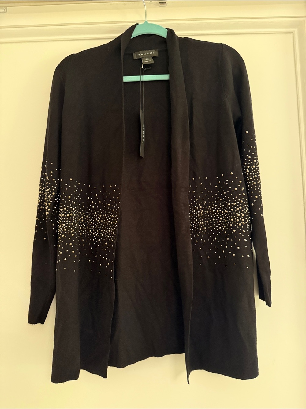 Tahari Black Open Front Cardigan with Stud Detailing